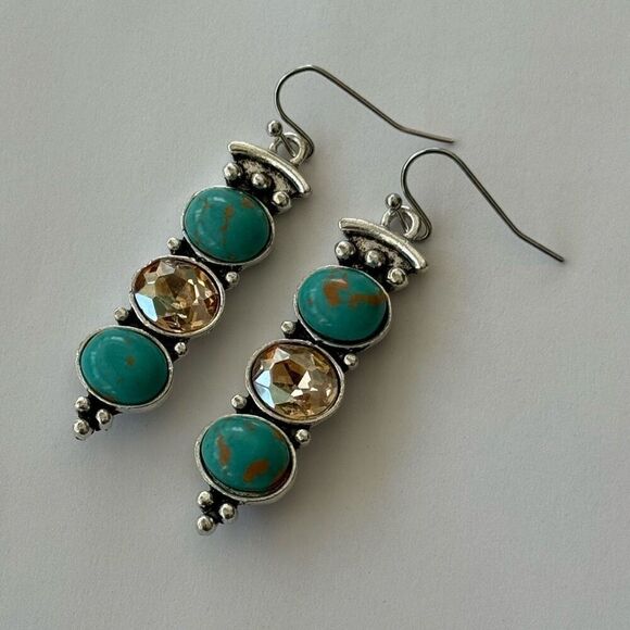 Turquoise & Amber Glass Drop Earrings – Sculptural Thai Style - Picture 12 of 12